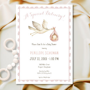 Speciell Delivery Stork Rosa Flicka Baby Shower Inbjudningar