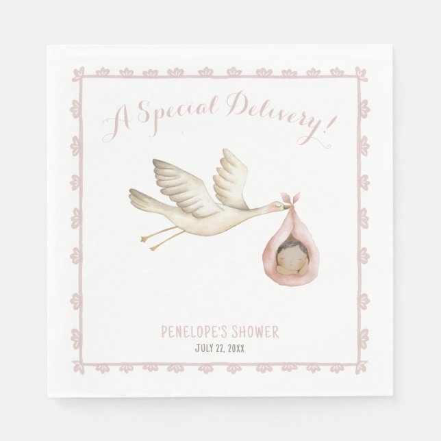 Speciell Delivery Stork Rosa Flicka Baby Shower Pappersservett (Framsidan)