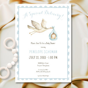 Speciell Delivery Stork Rosa Pojke Baby Shower Inbjudningar