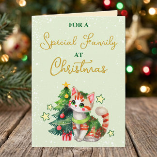 Speciell familj söt katt grön jul helgkort