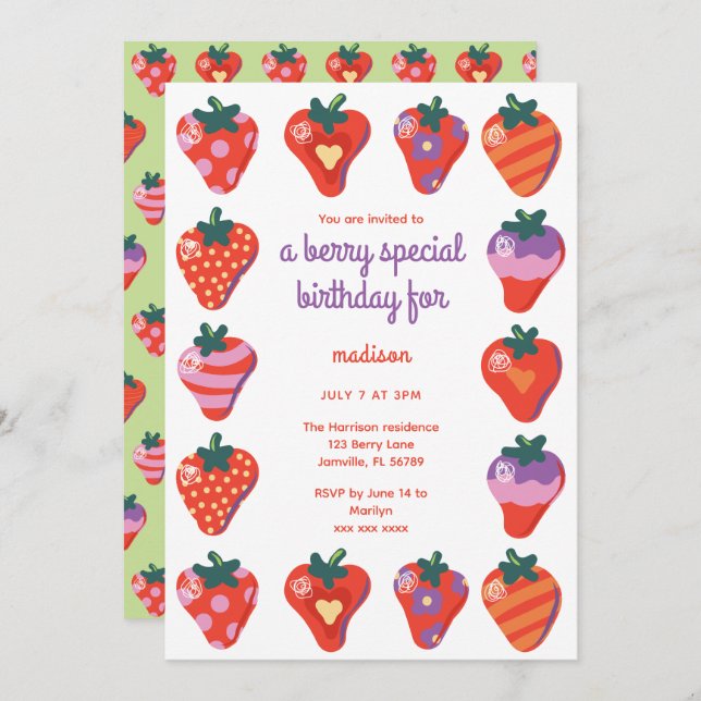 Speciell födelsedagsinbjudan till Berry - Kiwi Inbjudningar (Fram/baksida)