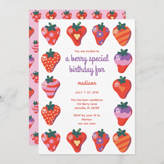 Speciell födelsedagsinbjudan till Berry - Rosa Inbjudningar (Fram/baksida)