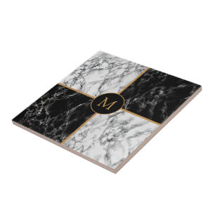 Speciell för Faux Black White Check Marble Monogra Kakelplatta