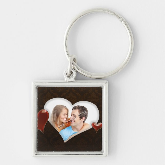 Speciell hjärtafotomall Keychain Fyrkantig Silverfärgad Nyckelring (Framsidan)