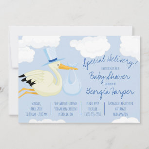 Speciell leverans! Blue Stork Baby Shower Inbjudningar