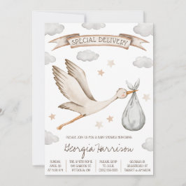 Speciell leverans! Brown och Tan Stork Baby Shower Inbjudningar