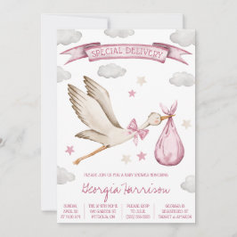 Speciell leverans! Flicka Rosa Stork Baby Shower Inbjudningar