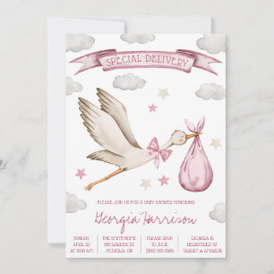 Speciell leverans! Flicka Rosa Stork Baby Shower Inbjudningar