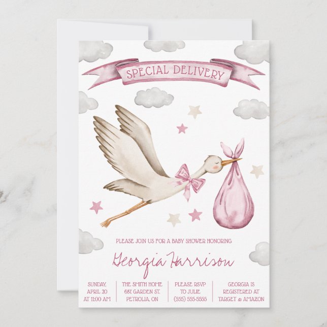Speciell leverans! Flicka Rosa Stork Baby Shower Inbjudningar (Framsida)