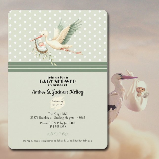 Speciell leverans för babystöldstork inbjudningar (Prepare for your Special Delivery with these lovely baby shower invites from Night and Day Designs.)