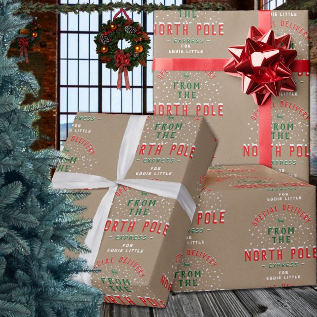 Speciell leverans från Nordpolen Lägg till Namn Kr Presentpapper (Special Delivery From North Pole Add Name Kraft Christmas Holiday Gift Wrapping Paper Rolls)