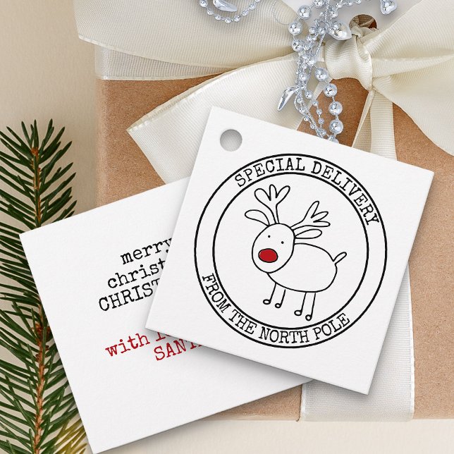 Speciell leverans från North Pole Anpassningsbar S Gåvor Etiketter (Special delivery from the north pole gift tags for kids with red nose reindeer)