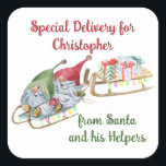 Speciell leverans från Santa & Gnome Helpers Fyrkantigt Klistermärke<br><div class="desc">för barn med julklistermärken i personlig med jultomtgnomer illustration Den söta vattenfärgsdesignen har två gnomer med enorm roligt på sin slang och drar ett sleigh fyllt med presenter. Det har en visuell typografi och mallen är redo för dig att lägga till ditt barns namn så ordalydelsen kommer att lyda "Speciell...</div>