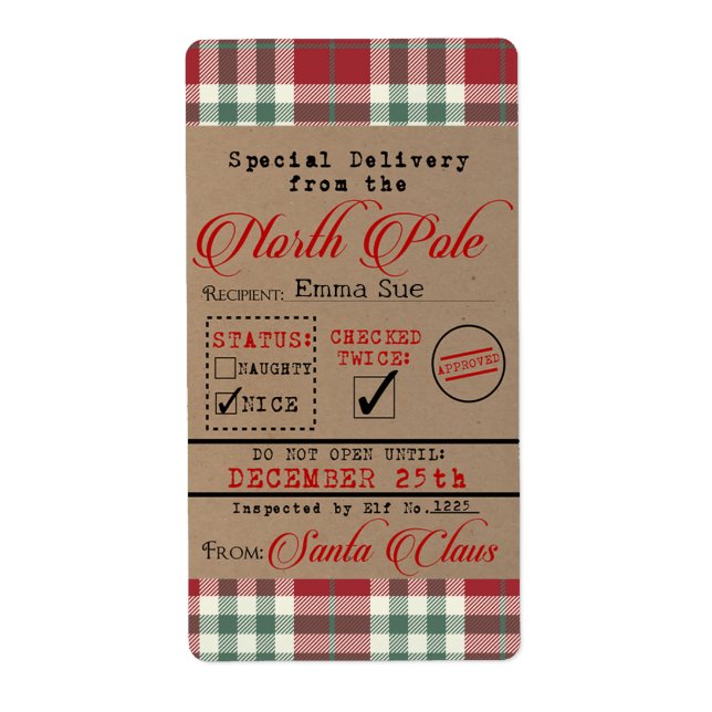 Speciell leverans från Santa Juletiketters Fraktsedel (Framsidan)
