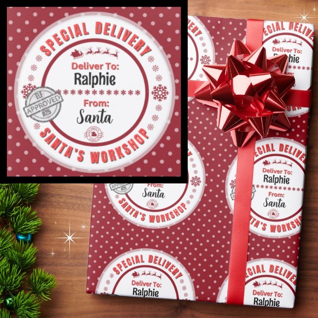 Speciell leverans från Santa North Pole Red Presentpapper (Personalize with your kid's name. Merry Christmas!)
