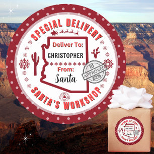 Speciell leverans från Santa till Child i Arizona Runt Klistermärke