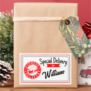 Speciell leverans från tomte julpresent rektangulärt klistermärke