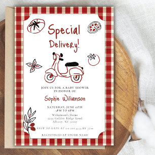 Speciell leverans italiensk mat röd baby shower inbjudningar