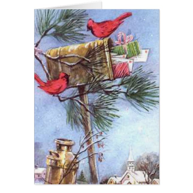 Speciell leverans, kardinaler vid en liten postlåd hälsningskort (Framsidan)