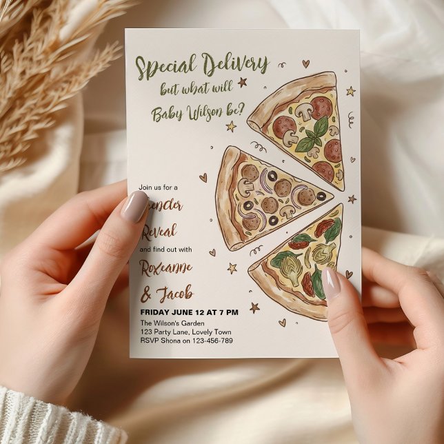 Speciell leverans Little Slice Pizza Köns Avslöjan Inbjudningar (Special Delivery Pizza themed Gender Reveal Invitation)
