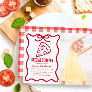 Speciell Leverans Röd Band Pizza Foto Födelsedag Inbjudningar
