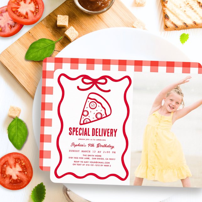 Speciell Leverans Röd Band Pizza Foto Födelsedag Inbjudningar (Skapare uppladdad)