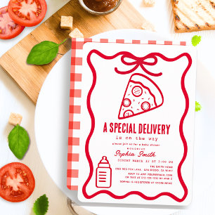 Speciell Leverans Röd Handritad Pizza Baby Shower Inbjudningar