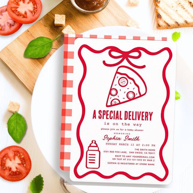 Speciell Leverans Röd Handritad Pizza Baby Shower Inbjudningar (Skapare uppladdad)