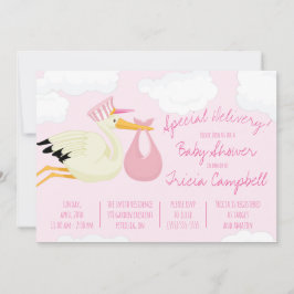Speciell leverans! Rosa Stork Baby Shower Inbjudningar