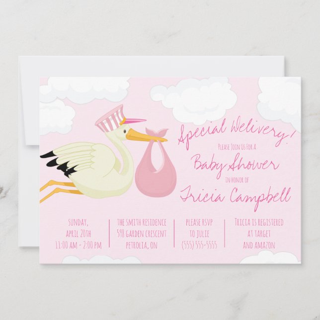 Speciell leverans! Rosa Stork Baby Shower Inbjudningar (Framsida)