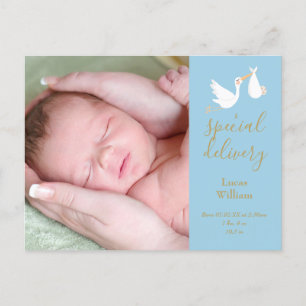 Speciell leverans Stork Baby Pojke Foto Blå Födels Meddelande Vykort