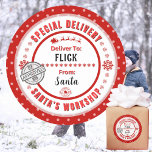 Speciell leveransetikett för tomten till barn, lju runt klistermärke<br><div class="desc">*** Rekommendera 3-tumsmärken för denna vackra och söta Till- och Från speciell leverans från julklapp-märkrn. Det är också enklare att skriva på avslutat Matte.*** Dina julklappar i barnen ser episka ut med dessa roligt-, färgstarka och personlig-etiketter. Utformningen har ett Speciellt leveranstema som är rakt från Santa's Workshop i Nordpolen; komplett...</div>