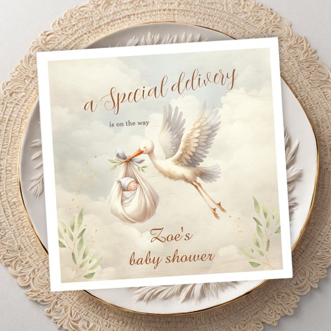 Speciell leveransfack för könsuppehållande stork B Pappersservett (Special Delivery Gender Neutral Stork Baby Shower Napkins)