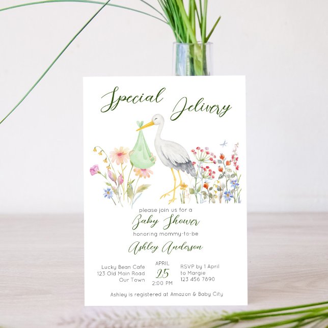 Speciell leveranstork vår blommor babydusch inbjudningar (Skapare uppladdad)