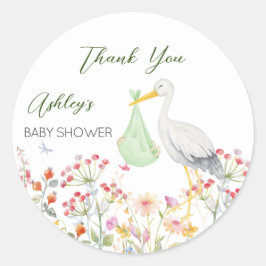 Speciell leveranstork vår blommor babydusch runt klistermärke