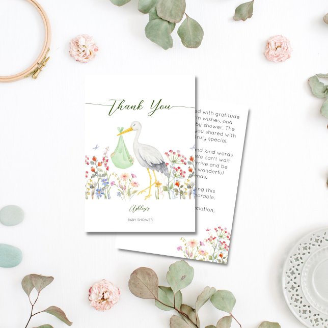 Speciell leveranstork vår blommor babydusch tack kort (Special delivery stork spring flowers traditional baby shower thank you cards)