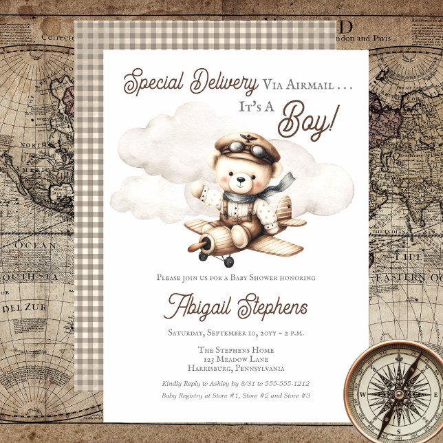 Speciell Nalle för babyskor för  leverans till fly Inbjudningar (Cute "Special Delivery Via Airmail . . . It's A Boy!" Teddy Bear | Airplane Baby Shower Invitation)