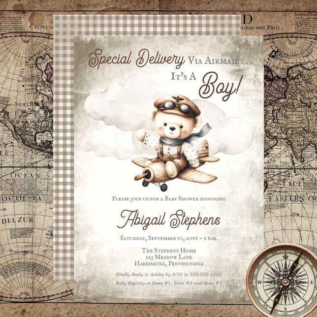Speciell Nalle för babyskor för  leverans till fly Inbjudningar (Cute "Special Delivery Via Airmail . . . It's A Boy!" Teddy Bear | Airplane Baby Shower Invitation)