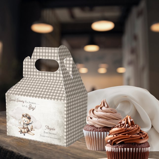 Speciell Nalle för babyskor för  leverans till fly Presentaskar (Cute "Special Delivery Via Airmail . . . It's A Boy!" Teddy Bear | Airplane Baby Shower Favor Boxes)