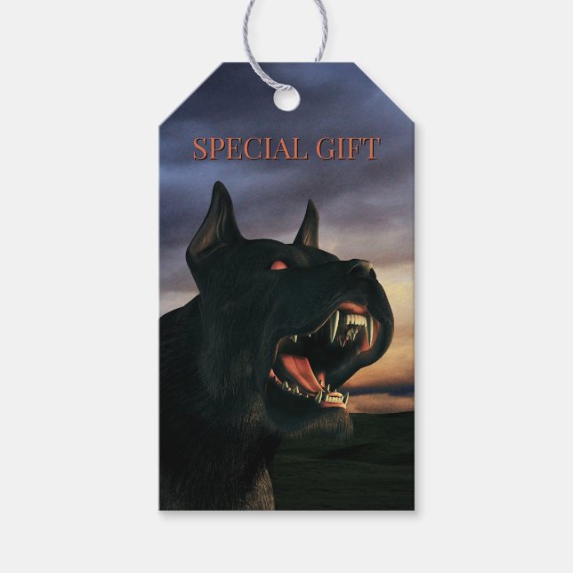 Speciell present. Stor, svart hund Presentetikett (Framsidan)