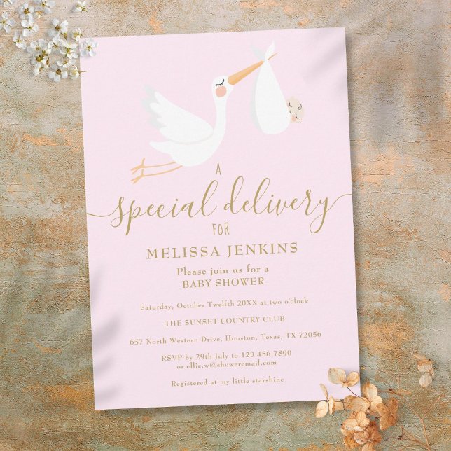 Speciell Rosa för Stork Baby Shower för leverans Inbjudningar (A Special Delivery Stork Baby Shower / Sprinkle Invitation)