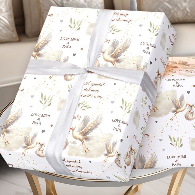 Speciell text för Unisex Stork Nyfödd bebis Namn Presentpapper (Special Delivery Unisex Stork New Baby Name Text Wrapping Paper)
