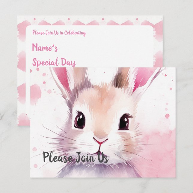 Speciella dagen för fluffy rosa bunny inbjudan vykort (Fram/baksida)