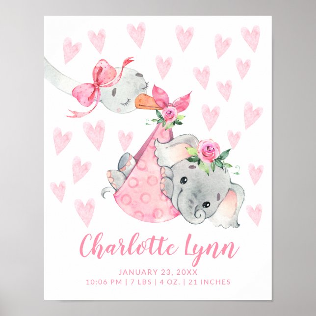 Speciella Delivery Stork Elephant Baby Birth Stats Poster (Framsidan)