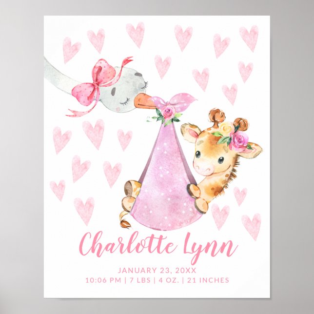 Speciella Delivery Stork Giraffe Baby Birth Stats Poster (Framsidan)