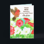 Speciella Friend Petunias Finch för 90:e födelseda Kort<br><div class="desc">Ett eget namn och ett ålderskort för någon speciell med en liten fink som besöker en trädgård med röda och vita petunia-blommor som är färgade med vattenfärg. På framsidan kan du anpassa åldern och namn. På insidan kan du anpassa meddelandet och färg.</div>