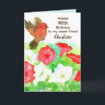 Speciella Friend Petunias Finch för 90:e födelseda Kort<br><div class="desc">Ett eget namn och ett ålderskort för någon speciell med en liten fink som besöker en trädgård med röda och vita petunia-blommor som är färgade med vattenfärg. På framsidan kan du anpassa åldern och namn. På insidan kan du anpassa meddelandet och färg.</div>