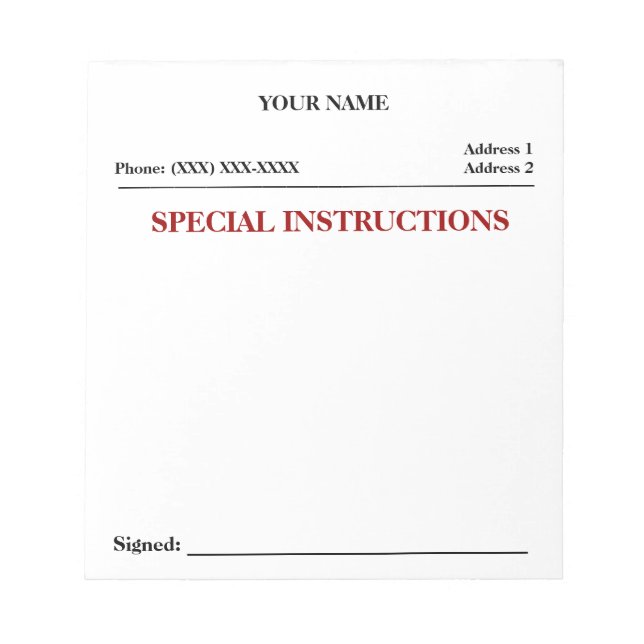 Speciella instruktioner, bildanteckningsblock (vit anteckningsblock (Framsida)