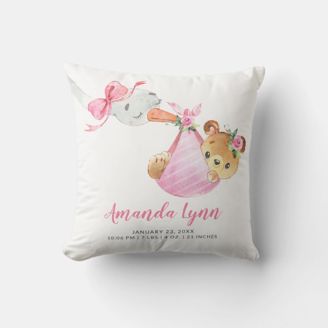 Speciella leveransstork Bear Baby Birth Stats Kudde (Framsida)