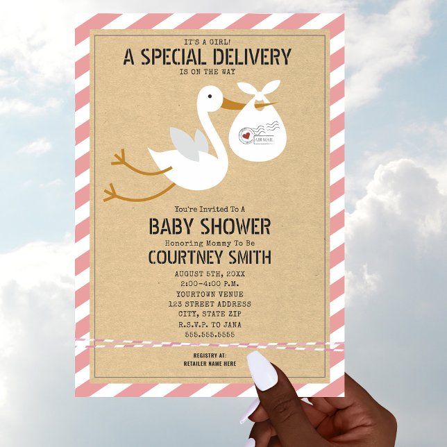 Speciella luft Mail Delivery Stork Girl Baby Showe Inbjudningar (Skapare uppladdad)